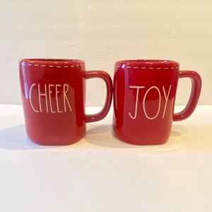 Rae Dunn CHEER & JOY Red Mugs Set Christmas Coffee White Stitching Holiday NEW